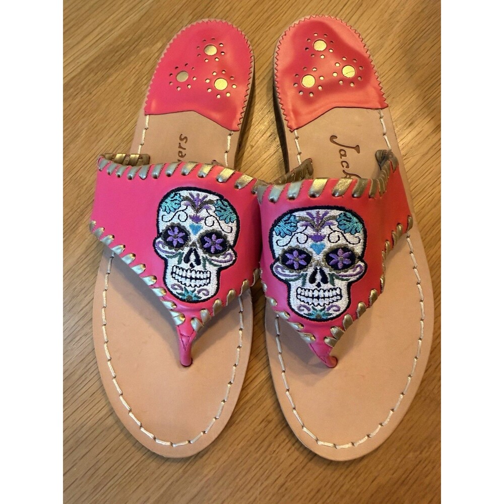Rare Jack Rogers Sugar Skull Day of the Dead Embroidered Sandals Pink Size 6.5